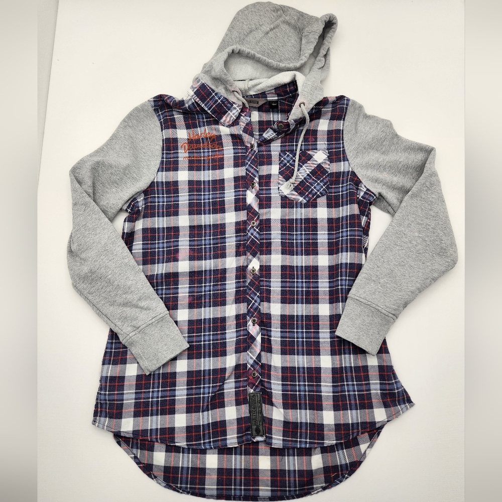 Harley-Davidson Plaid Hooded Button Down Shirt Gray Hoodie Layered Size Large